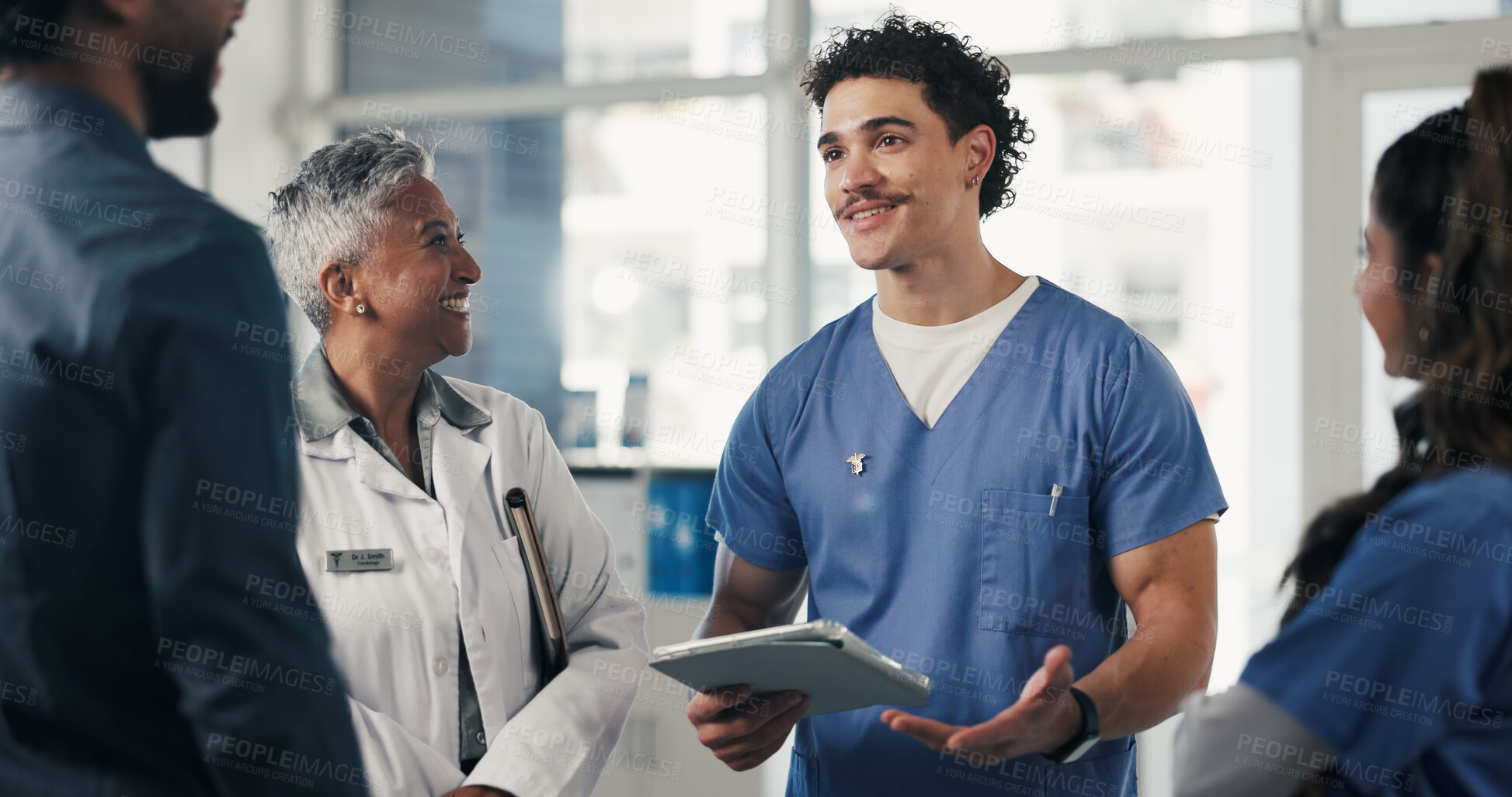 Buy stock photo Medical, smile or people in hospital with tablet, group insight or patient review for treatment plan. Healthcare, meeting or doctors in clinic with tech, collaboration or feedback in post surgery.