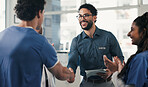 Medical, clap or people in clinic with handshake, promotion or introduction for clinical collaboration. Happy, applause or doctors with shaking hands, achievement or welcome in healthcare partnership