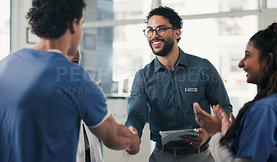 Buy stock photo Medical, clap or people in clinic with handshake, promotion or introduction for clinical collaboration. Happy, applause or doctors with shaking hands, achievement or welcome in healthcare partnership