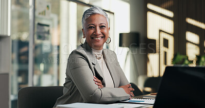 Buy stock photo Portrait, woman and smile in office with laptop, public relations and career growth or development. Happy, mature person and pride with confidence, tech and about us for PR or campaign planning