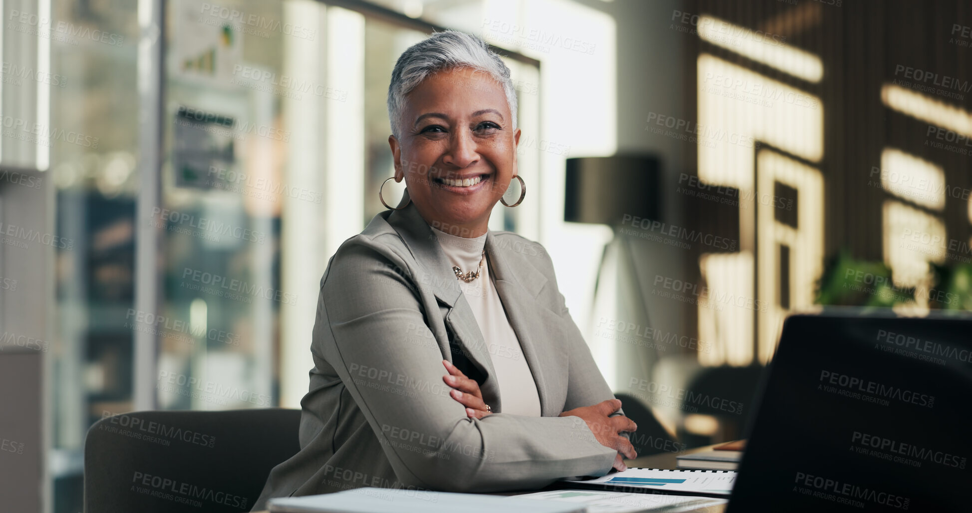 Buy stock photo Portrait, woman and smile in office with laptop, public relations and career growth or development. Happy, mature person and pride with confidence, tech and about us for PR or campaign planning