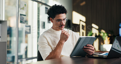 Buy stock photo Admin, thinking and man in office with tablet, public relations and career growth or development. Review, business person and report with consultant, tech or problem solving for PR campaign planning