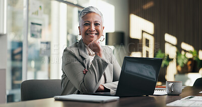 Buy stock photo Portrait, woman and happy in office with laptop, public relations and career growth or development. Smile, mature person and pride with confidence, tech and about us for PR or campaign planning