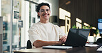 Admin, portrait and man in office with laptop, public relations and career growth or development. Smile, business person and report with consultant, tech or problem solving for PR campaign planning