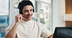 Business, man and headset with laptop at call centre for customer service, finance query and advice. Agent, mic and pc for consultation, client support and crm representative for financial assistance