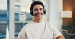 Portrait, business and man with headset at call center for career pride, about us and crm agent. Smile, male person or ambition with mic, customer service and advisor for telecom assistance in office