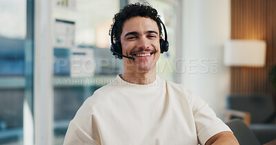 Buy stock photo Portrait, business and man with headset at call center for career pride, about us and crm agent. Smile, male person or ambition with mic, customer service and advisor for telecom assistance in office