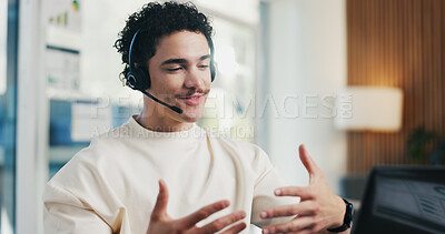 Buy stock photo Man, talking and headset with laptop at call centre for customer service, finance query and advice. Agent, mic and pc for consultation, client support and crm representative for financial assistance
