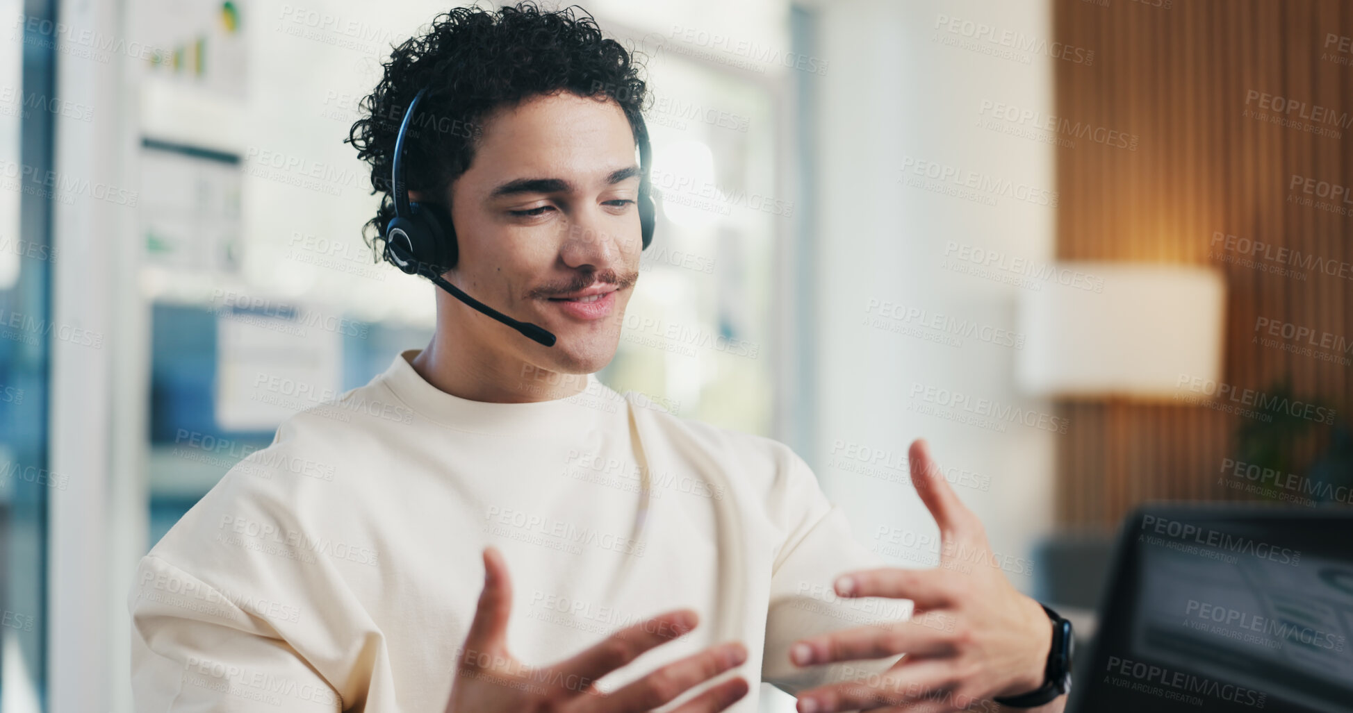 Buy stock photo Man, talking and headset with laptop at call centre for customer service, finance query and advice. Agent, mic and pc for consultation, client support and crm representative for financial assistance
