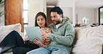 Couple, smile and scroll on tablet in lounge, commitment or search for house on real estate website. Love, man and woman with tech for home loan application, bonding and happy for good credit score