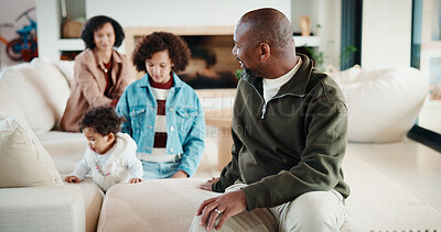 Buy stock photo Smile, man and relax with family at house for love, admiration and proud father with children. Happy, parents and kids for parental supervision, positive attitude and emotional connection in lounge