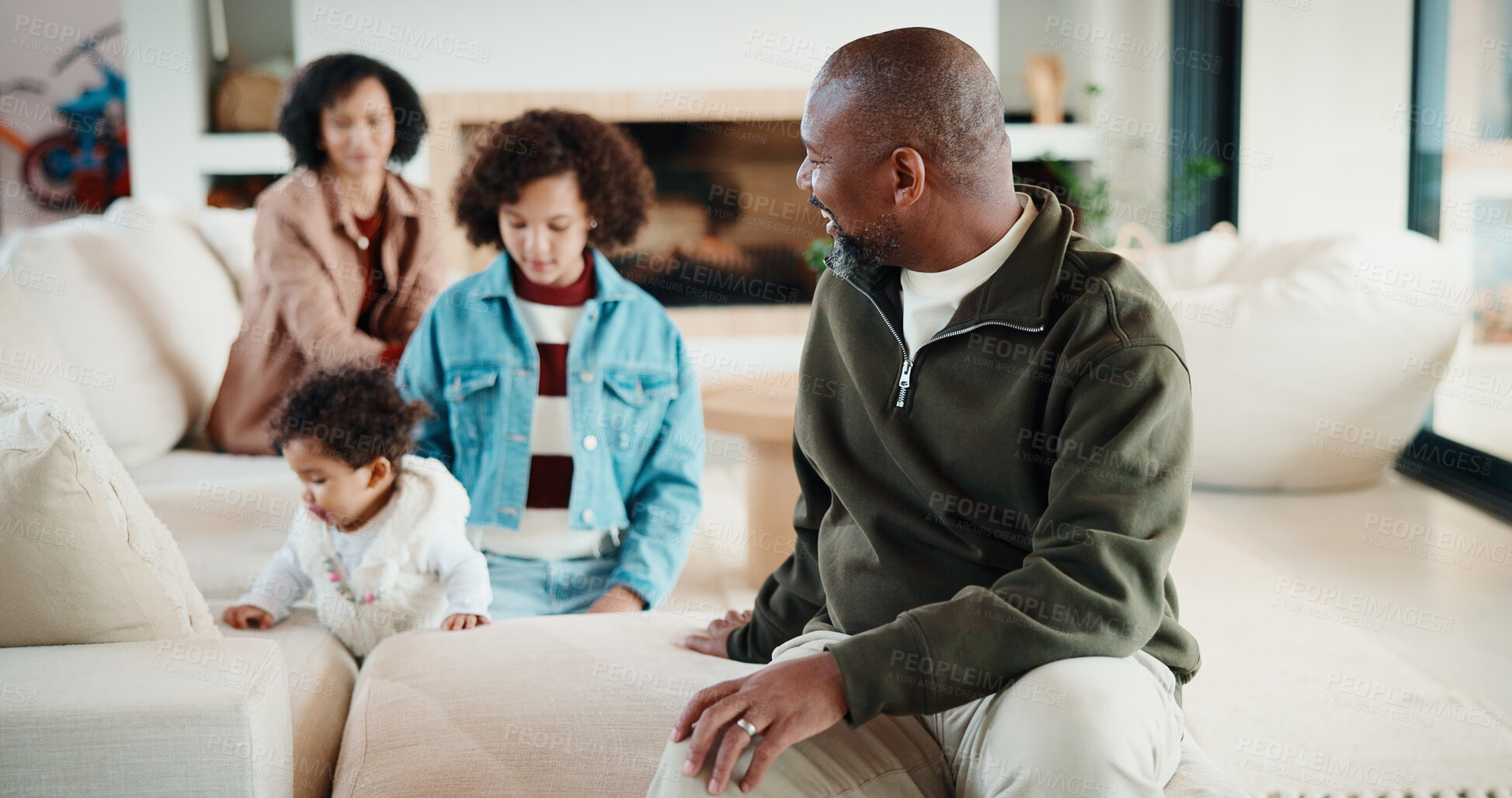 Buy stock photo Smile, man and relax with family at house for love, admiration and proud father with children. Happy, parents and kids for parental supervision, positive attitude and emotional connection in lounge
