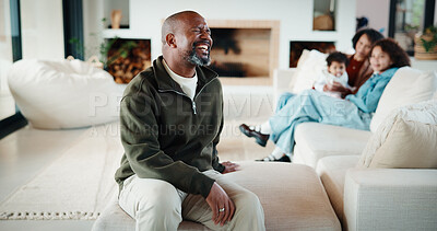 Buy stock photo Man, relax and laughing with family at house for love, admiration and proud father with children. Smile, parents and kids with funny joke, gratitude expression and emotional connection in living room