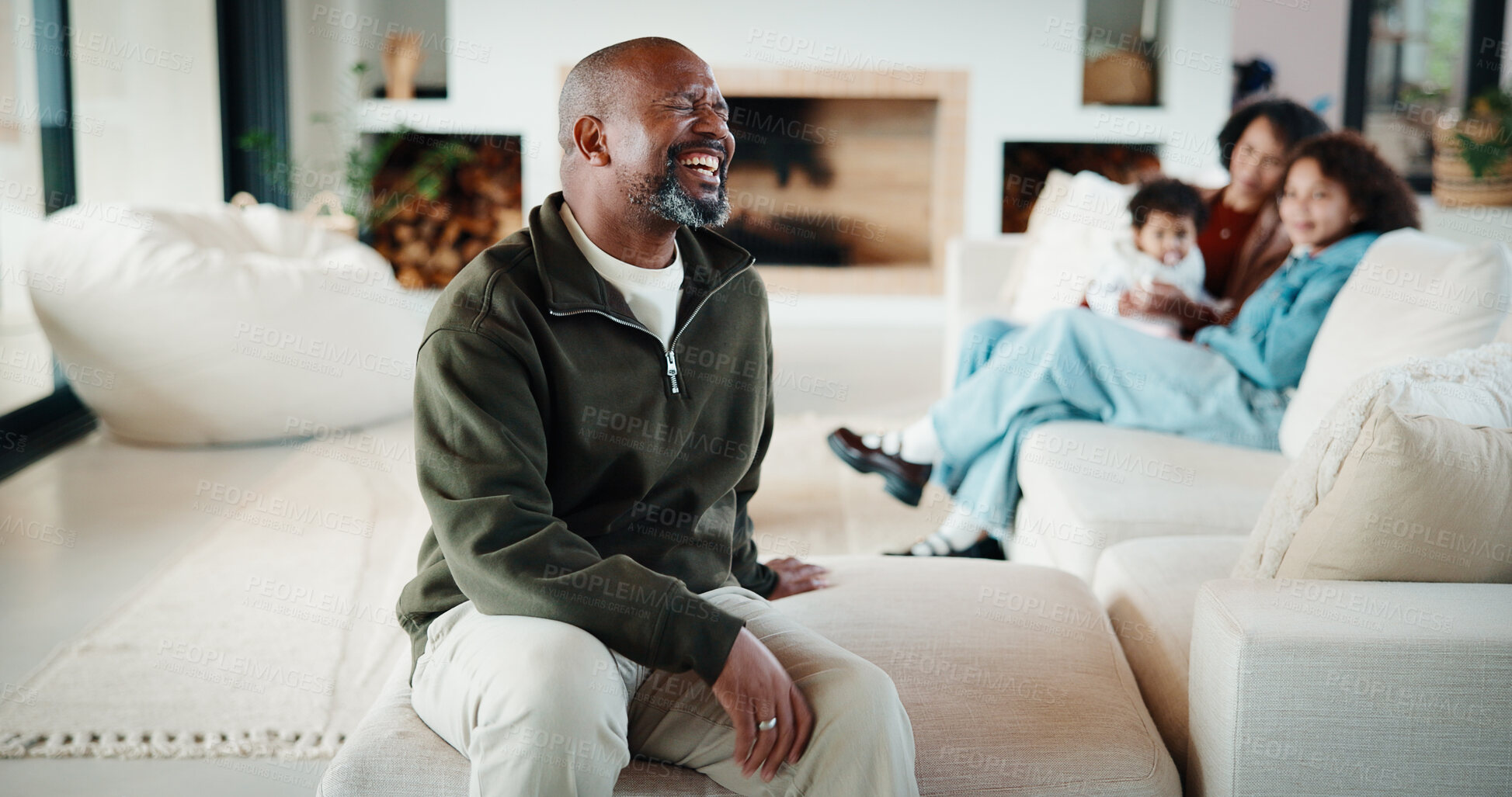 Buy stock photo Man, relax and laughing with family at house for love, admiration and proud father with children. Smile, parents and kids with funny joke, gratitude expression and emotional connection in living room