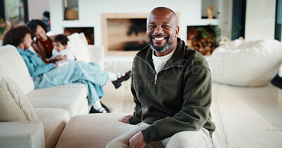 Buy stock photo Portrait, man and relax with family at house for love, admiration and proud father with children. Smile, parents and kids for supervision, gratitude expression and emotional connection in living room