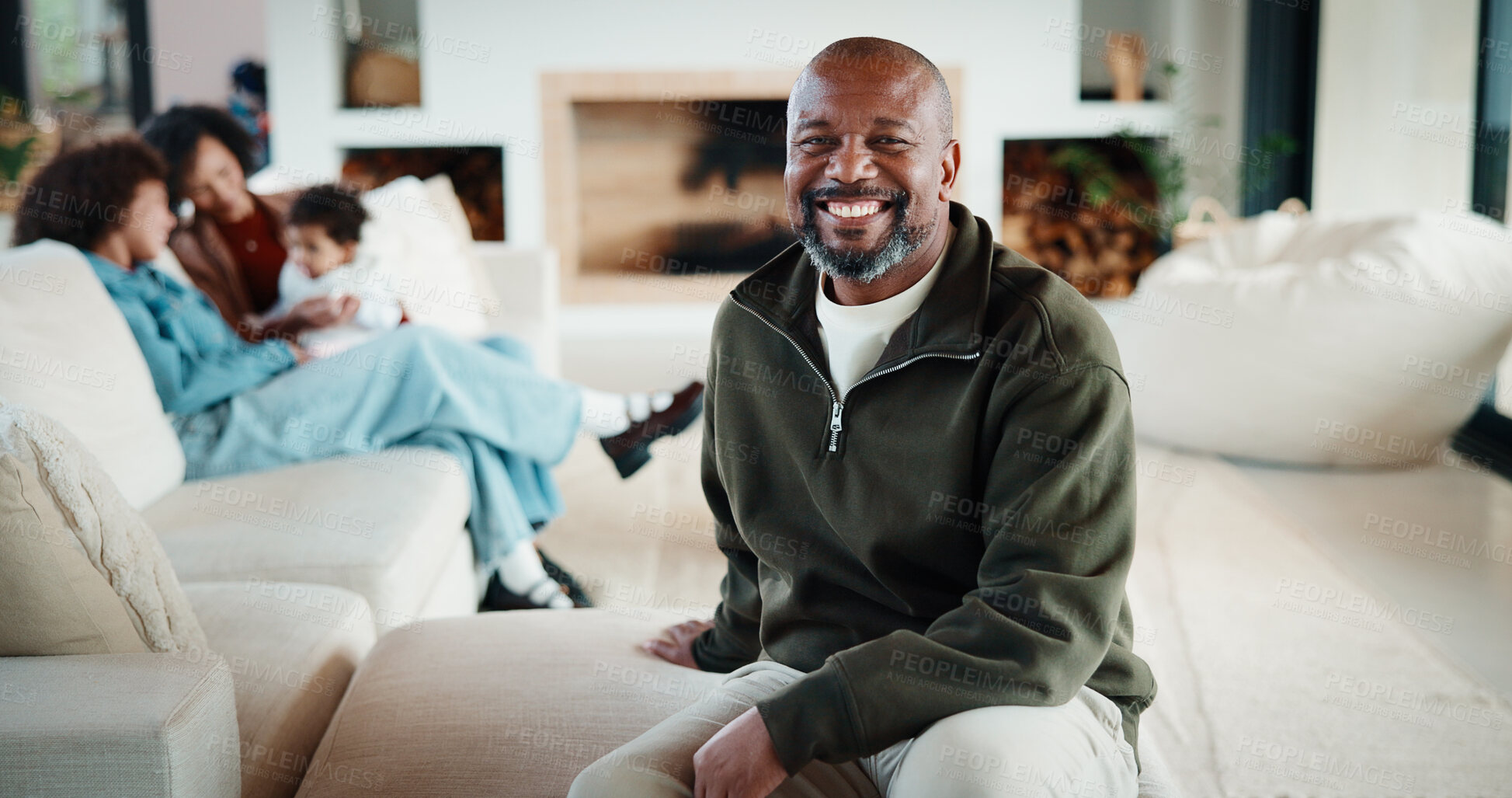 Buy stock photo Portrait, man and relax with family at house for love, admiration and proud father with children. Smile, parents and kids for supervision, gratitude expression and emotional connection in living room