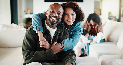 Buy stock photo Love, dad or daughter in house with portrait, family hug or bonding together with childcare. Smile, trust or African people with embrace, parent connection or happy moment in healthy relationship.