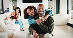 Love, father or daughter in home with portrait, family hug or bonding together with childcare. Smile, unity or African people with embrace, parent connection or happy moment in healthy relationship.