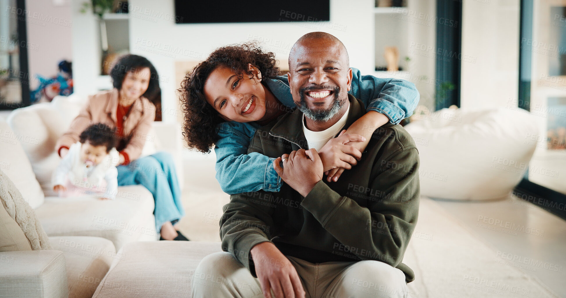 Buy stock photo Love, father or daughter in home with portrait, family hug or bonding together with childcare. Smile, unity or African people with embrace, parent connection or happy moment in healthy relationship.