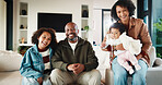 Love, parents and kids in home with portrait, bonding together or unity in healthy relationship. Smile, flare or African people on couch with baby, family connection or happy moment in living room.