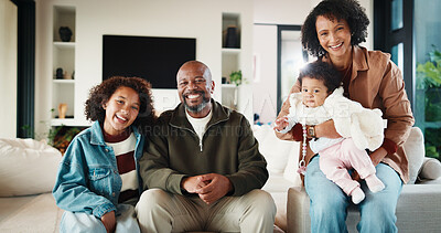 Buy stock photo Love, parents and kids in home with portrait, bonding together or unity in healthy relationship. Smile, flare or African people on couch with baby, family connection or happy moment in living room.