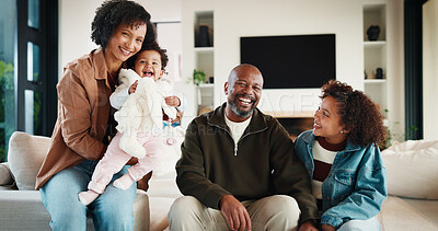 Buy stock photo Happy, family and parents with children in home, love and bonding with girl on weekend or connection. Childcare, portrait and African people with baby, mom and dad with smile for kids in lounge
