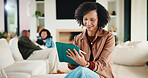 Woman, tablet and remote work from home with family, smile or writing notes in living room. Person, virtual assistant and happy with tech, application or review report with admin for project at house