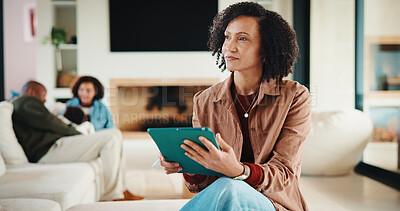 Buy stock photo Tablet, thinking and mother in home for remote work, brand proposal and campaign inspiration. Tech, freelancer and mature woman with idea on sofa, advertising project and planning in family house