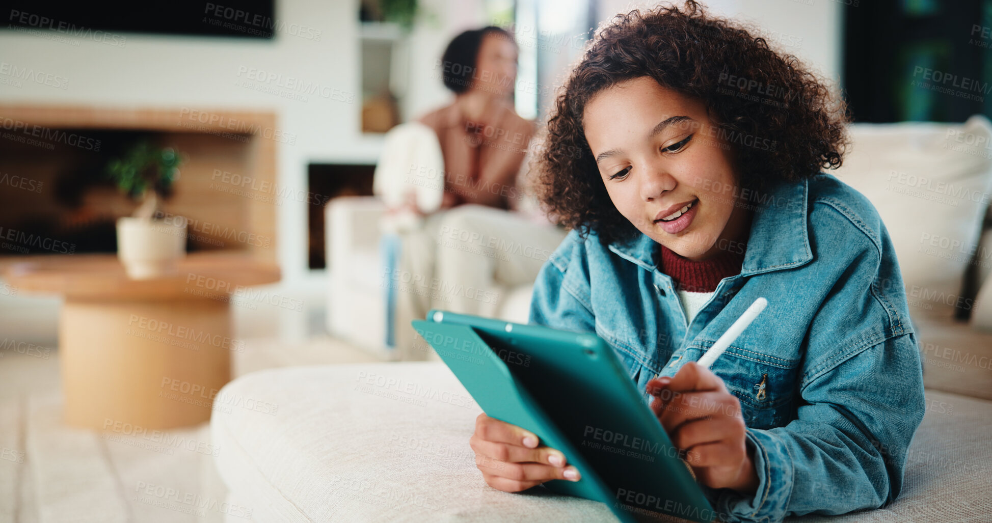 Buy stock photo Tablet, stylus and kid in home for education, elearning and writing for knowledge development. Tech, pen and happy girl relax with internet notes, homework research or online course in family house