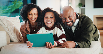 Buy stock photo Portrait, love and family with tablet in home for connection, happy kid and parents bonding together. African mother, father and child with technology in living room, care and relax on weekend