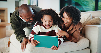 Buy stock photo Relax, love and happy family with tablet in home for bonding, watch movie and streaming with parents. Mother, father and child with technology in living room, subscription service and film on weekend