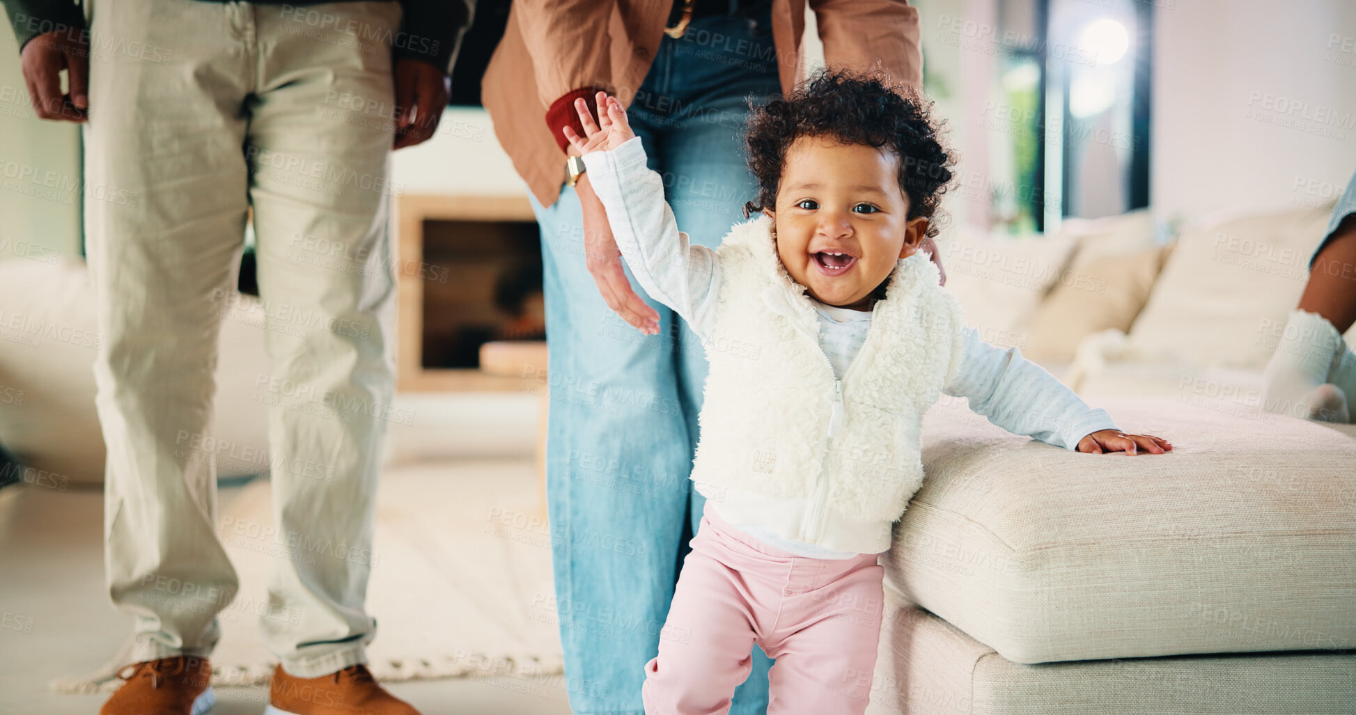 Buy stock photo Portrait, baby and learning with parents for walking support, smile and help for child development. Mother, father and daughter in home with steps, teaching coordination and happy for infant growth.