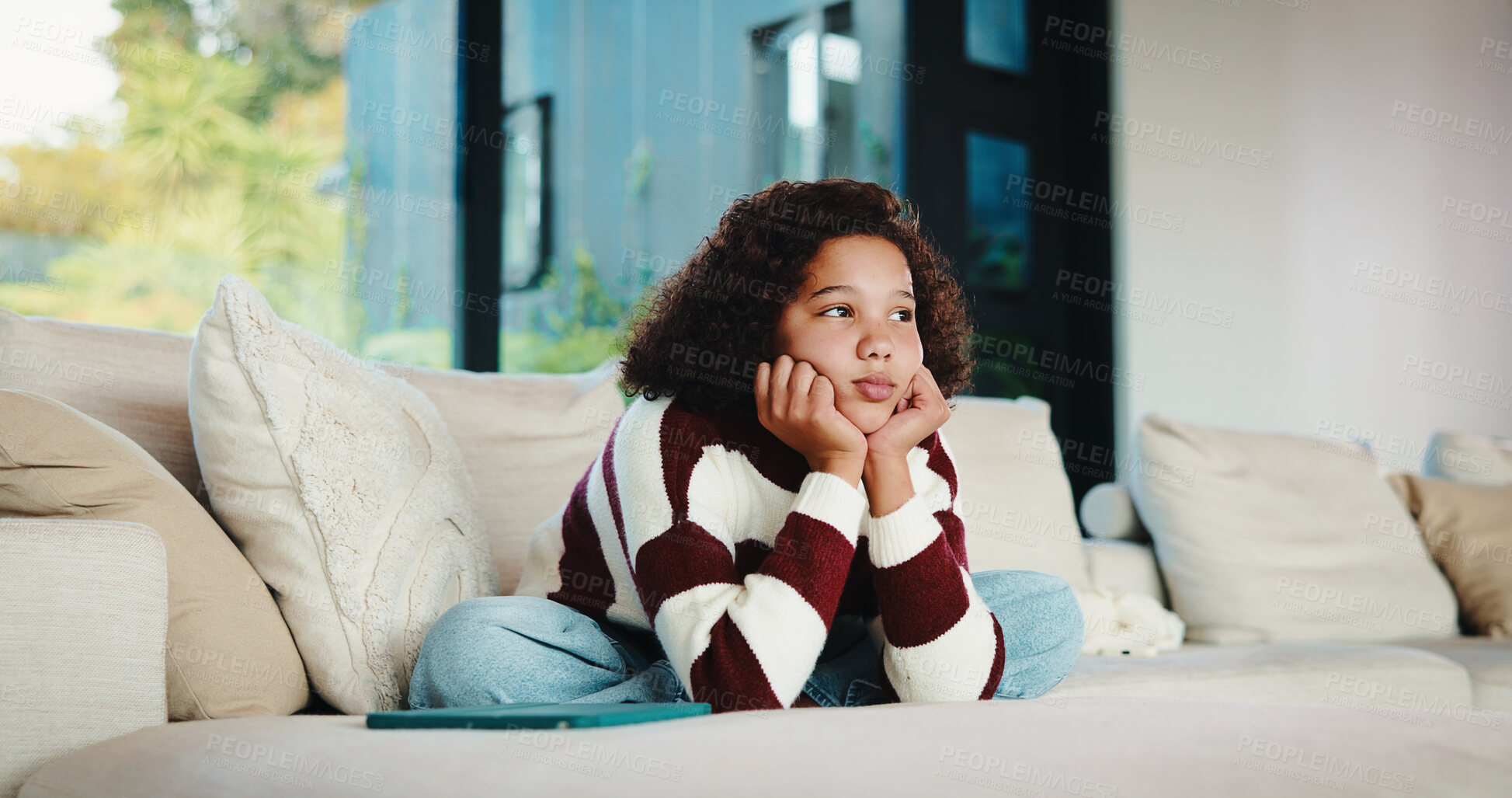 Buy stock photo Bored, fatigue and teenager on sofa in home with mental health, sad or burnout in living room. Tired, unhappy and girl with depression on couch, exhaustion or loneliness in lounge at apartment.