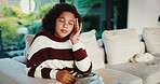 Frustrated, girl and sofa with headache for eye strain or wrong optometry prescription in home. Child, kid or migraine with glasses on couch for bad vision, overworked sight or massage in house