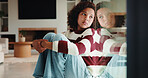 Girl, child and window with regret in home for mental health, doubt or boundary punishment. Sad, grounded kid or person with depression, glass or reflection for stress, anxiety or loneliness in house