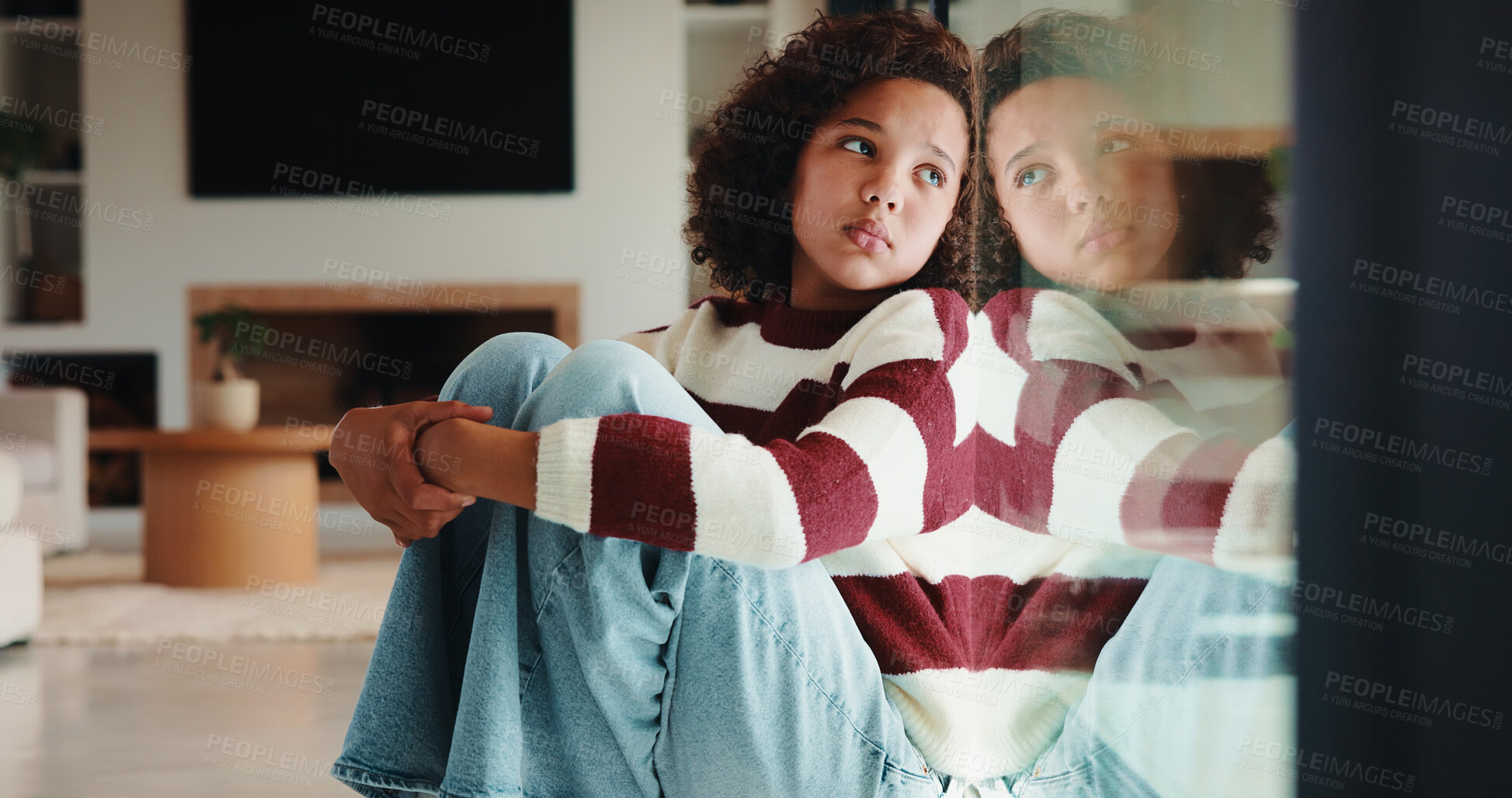 Buy stock photo Girl, child and window with regret in home for mental health, doubt or boundary punishment. Sad, grounded kid or person with depression, glass or reflection for stress, anxiety or loneliness in house