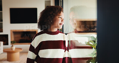 Buy stock photo Relax, thinking and window with girl child in living room of home for contemplation or waiting. Break, happy and reflection in glass with teen kid in apartment for development, future or growth