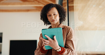 Buy stock photo Tablet, remote work and woman in home for research, ebook publication or story development. Tech, freelance author and mature person by window in house for editing manuscript, planning and reading