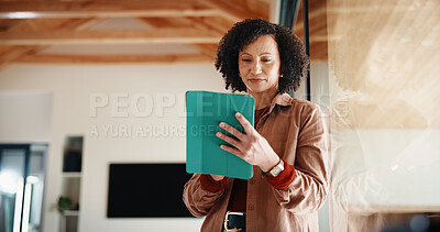 Buy stock photo Tablet, remote work and woman in apartment for email, ebook research or story development. Tech, freelance author and mature person by window in home for editing manuscript, planning and space