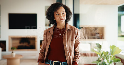 Buy stock photo Thinking, window and African woman in home with daydreaming, insight and memory. Thoughts, female person and weekend vision in living room with reflection, calm mindset and break at house in Kenya