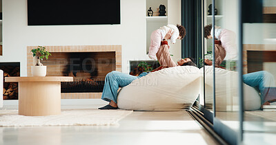 Buy stock photo Relax, lifting and mother with baby in home, weekend bonding and care for relationship development. Love, support and happy woman with infant girl for family time, connection and playing together