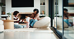 Support, children and mother with baby in home, siblings bonding and care for relationship development. Love, smile and woman with girls for family time, connection and playing together in lounge