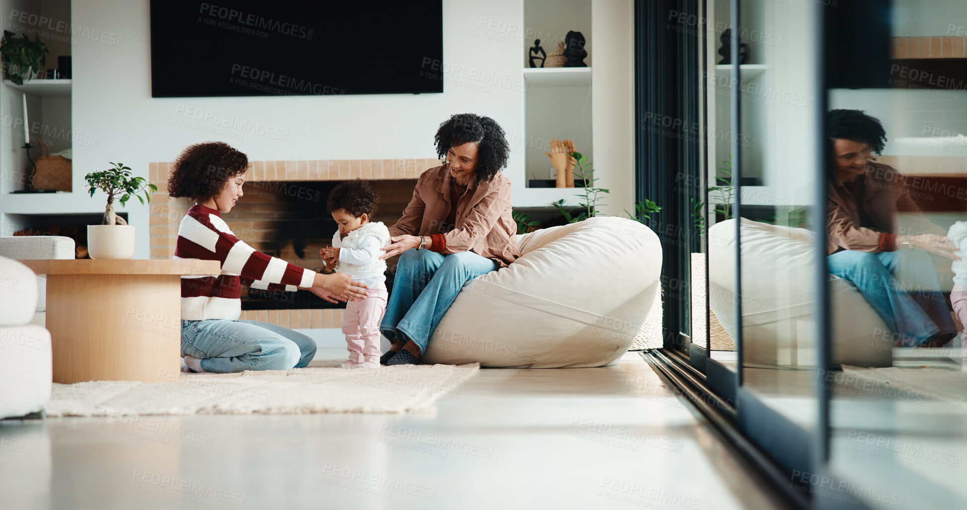 Buy stock photo Support, children and mother with baby in home, siblings bonding and care for relationship development. Love, smile and woman with girls for family time, connection and playing together in lounge
