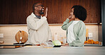 Father, daughter and high five in kitchen with meal prep, bonding together or healthy diet for wellness. Happy, dad and girl child in house with nutrition, family connection and celebration for food.