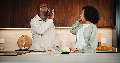 Buy stock photo Father, daughter and high five in kitchen with meal prep, bonding together or healthy diet for wellness. Happy, dad and girl child in house with nutrition, family connection and celebration for food.