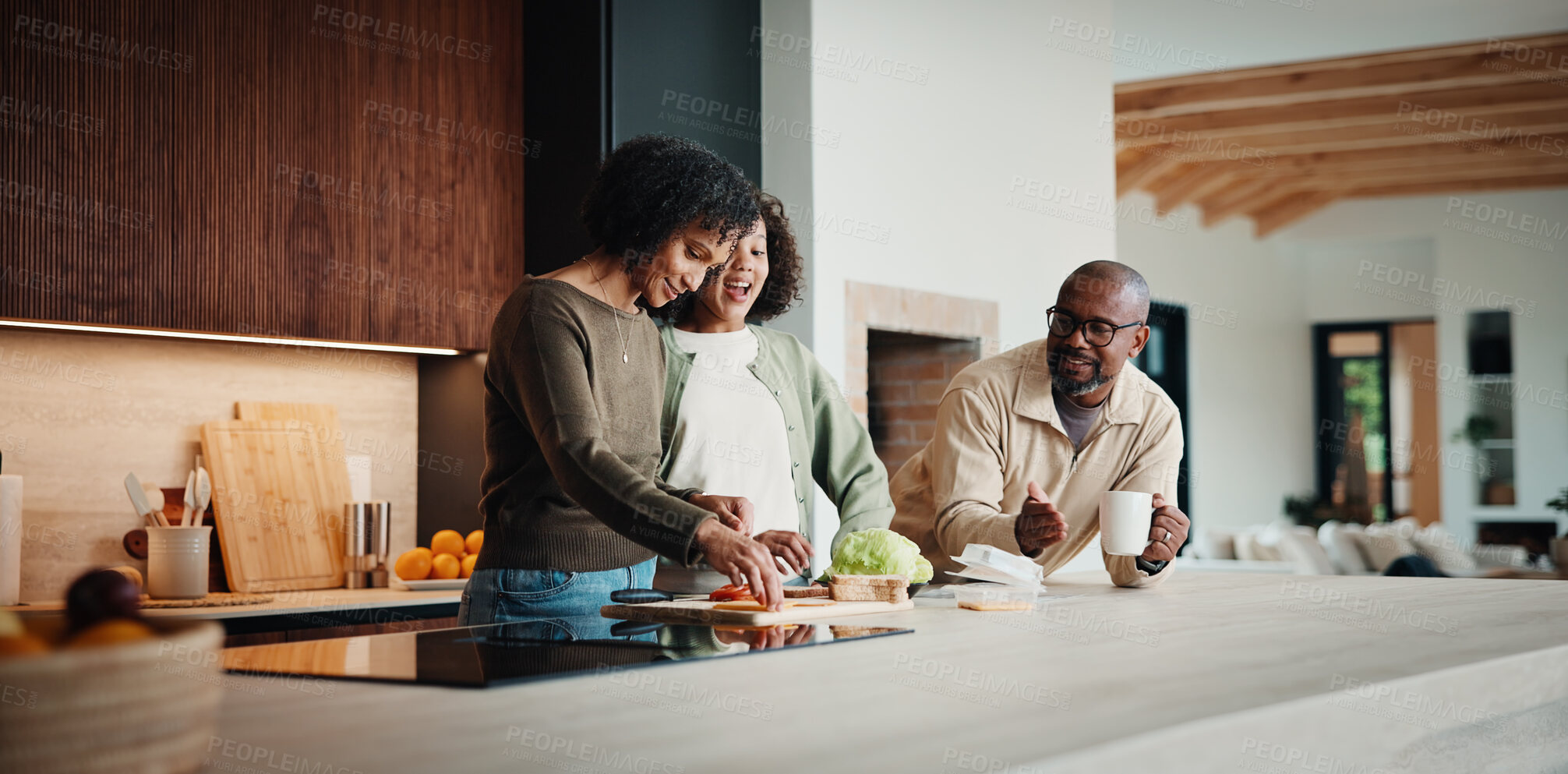 Buy stock photo Parents, daughter and meal prep in kitchen with conversation, help and bonding together for wellness. Happy people, mother and father in home with girl child, healthy food and nutrition for family.