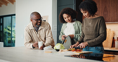 Buy stock photo Parents, daughter and meal prep in kitchen with backpack, healthy food and getting ready for school. Happy people, mother and father in home with girl child, sandwich or morning routine for education