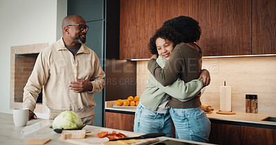 Buy stock photo Parents, daughter and hug in kitchen with meal prep, family connection or bonding together for wellness. Happy people, mother and father in home with girl child, healthy food or embrace for nutrition