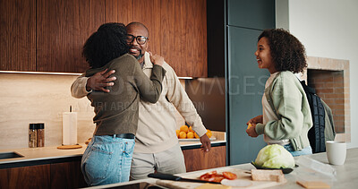 Buy stock photo Hug, farewell or family in kitchen with smile, connection and bonding in morning routine. Embrace, love and African people in house with goodbye, healthy relationship or happy moment at start of day.