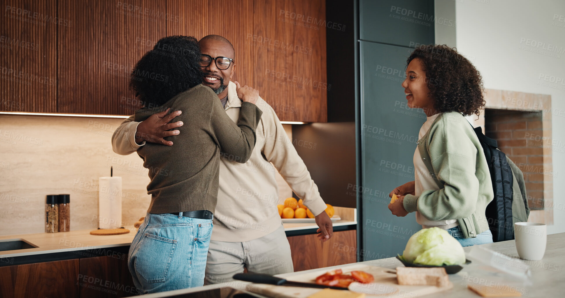 Buy stock photo Hug, farewell or family in kitchen with smile, connection and bonding in morning routine. Embrace, love and African people in house with goodbye, healthy relationship or happy moment at start of day.